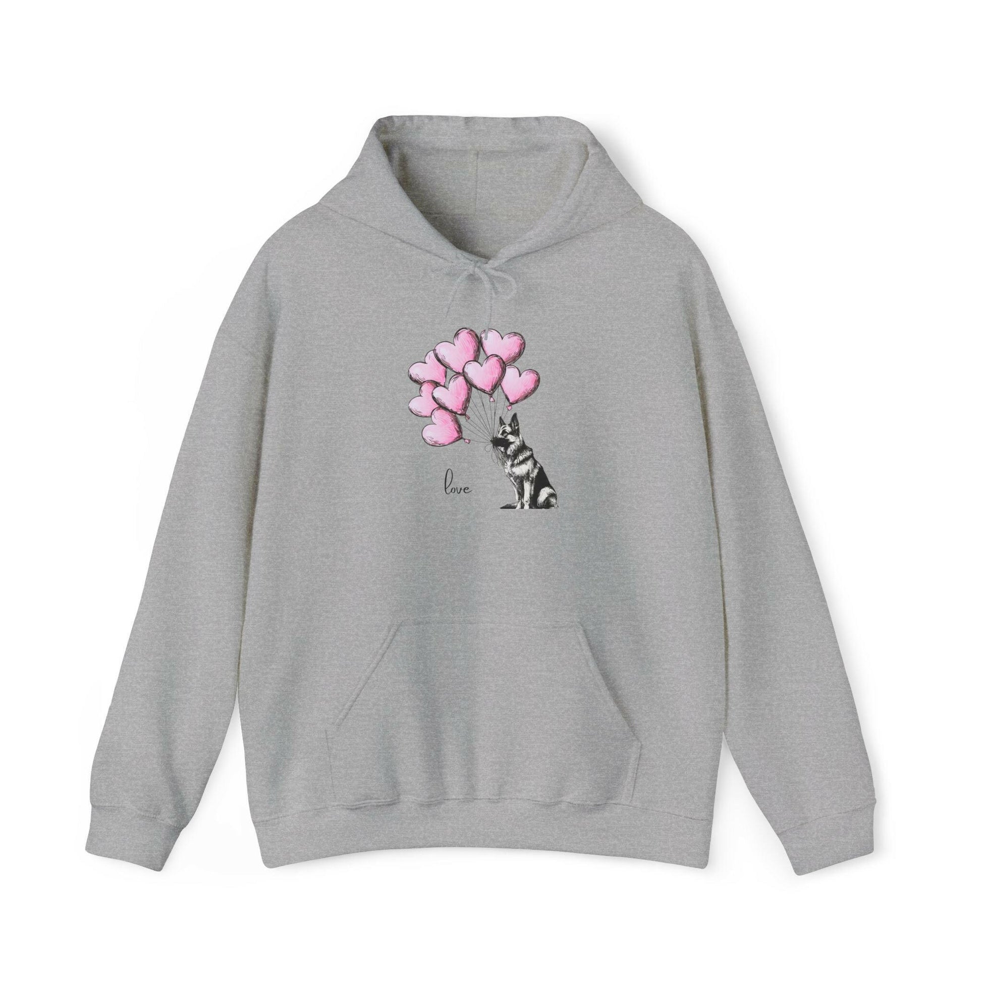German Shepard Hoodie - Dog Holding Soft Pink Heart Balloons - Stompy Paws