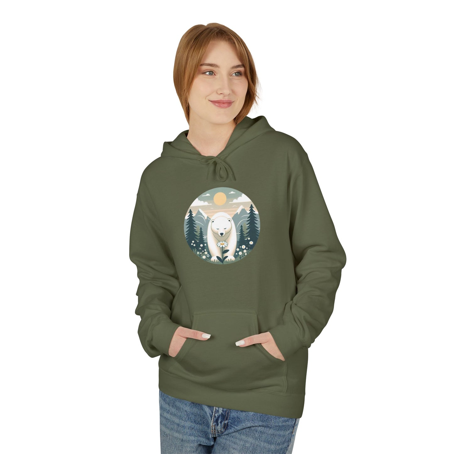 Polar Bear & Wildflower Mountain Hoodie, Midweight Cozy Nature Graphic Sweatshirt