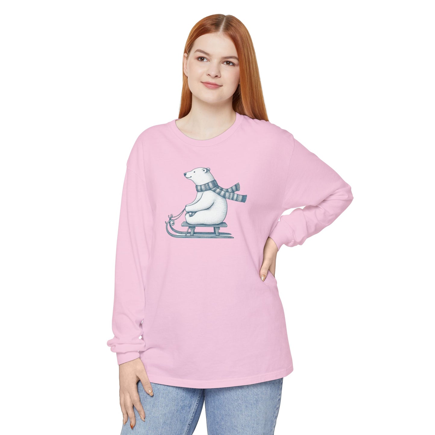 Christmas Cozy Sledding Polar Bear Long Sleeve T-Shirt