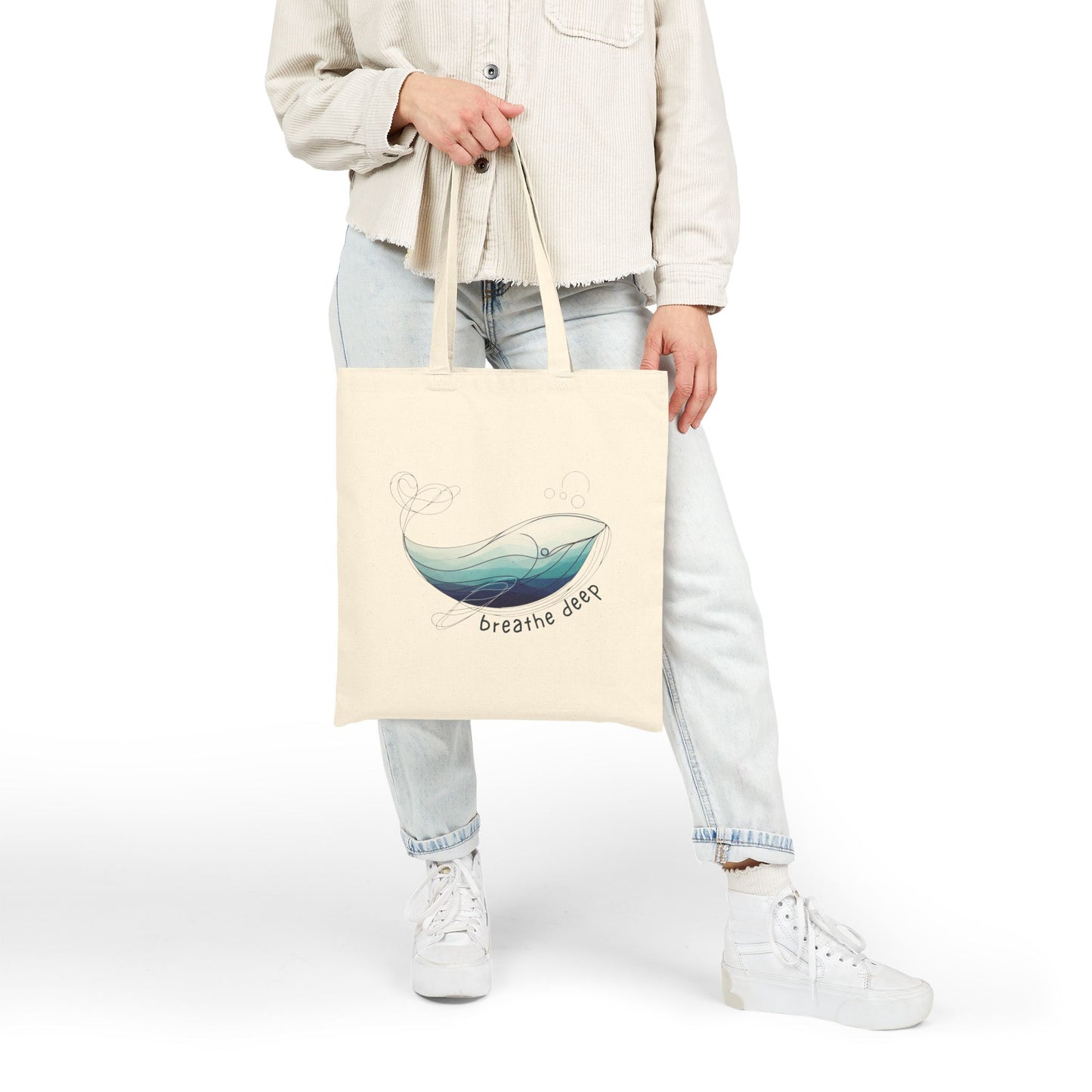 Breathe Deep Whale Tote Bag, Ocean Inspired Eco-Friendly Reusable Shopping Bag, Mindful Living Beach Tote