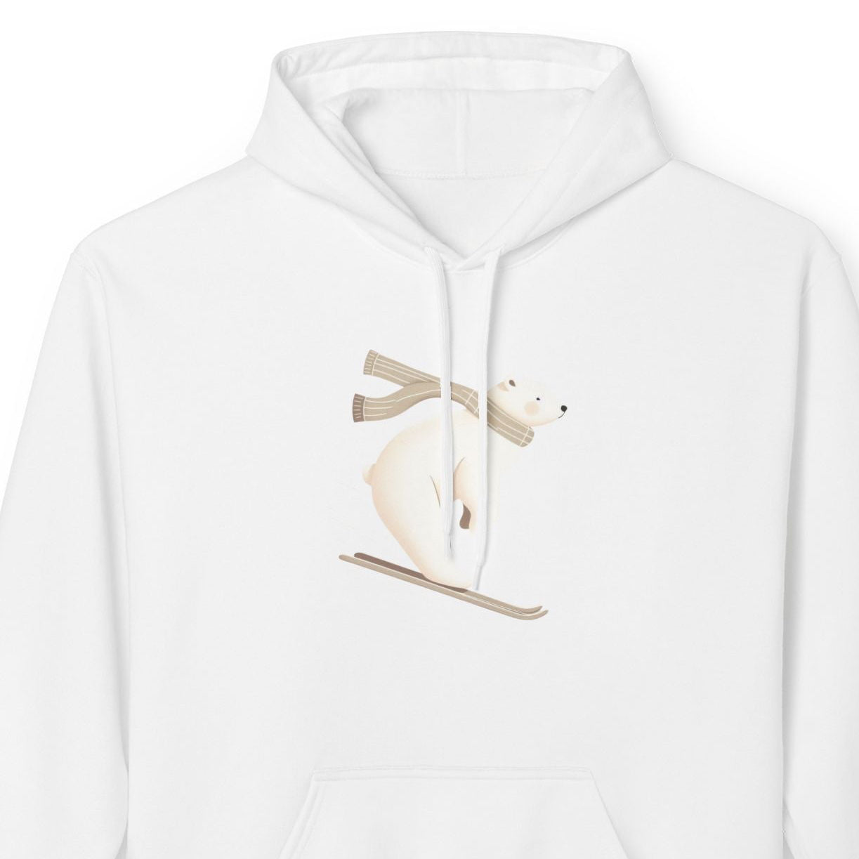 White hoodie with polar bear skiing  on a white background