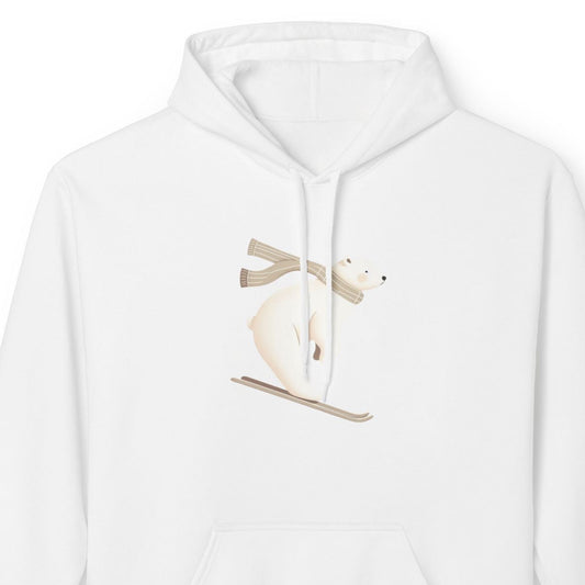 White hoodie with polar bear skiing  on a white background