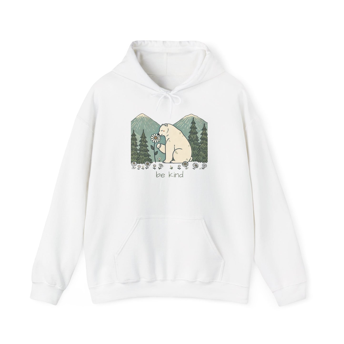 White hoodie with a bear and mountain graphic and 'Be Kind' text on a white background