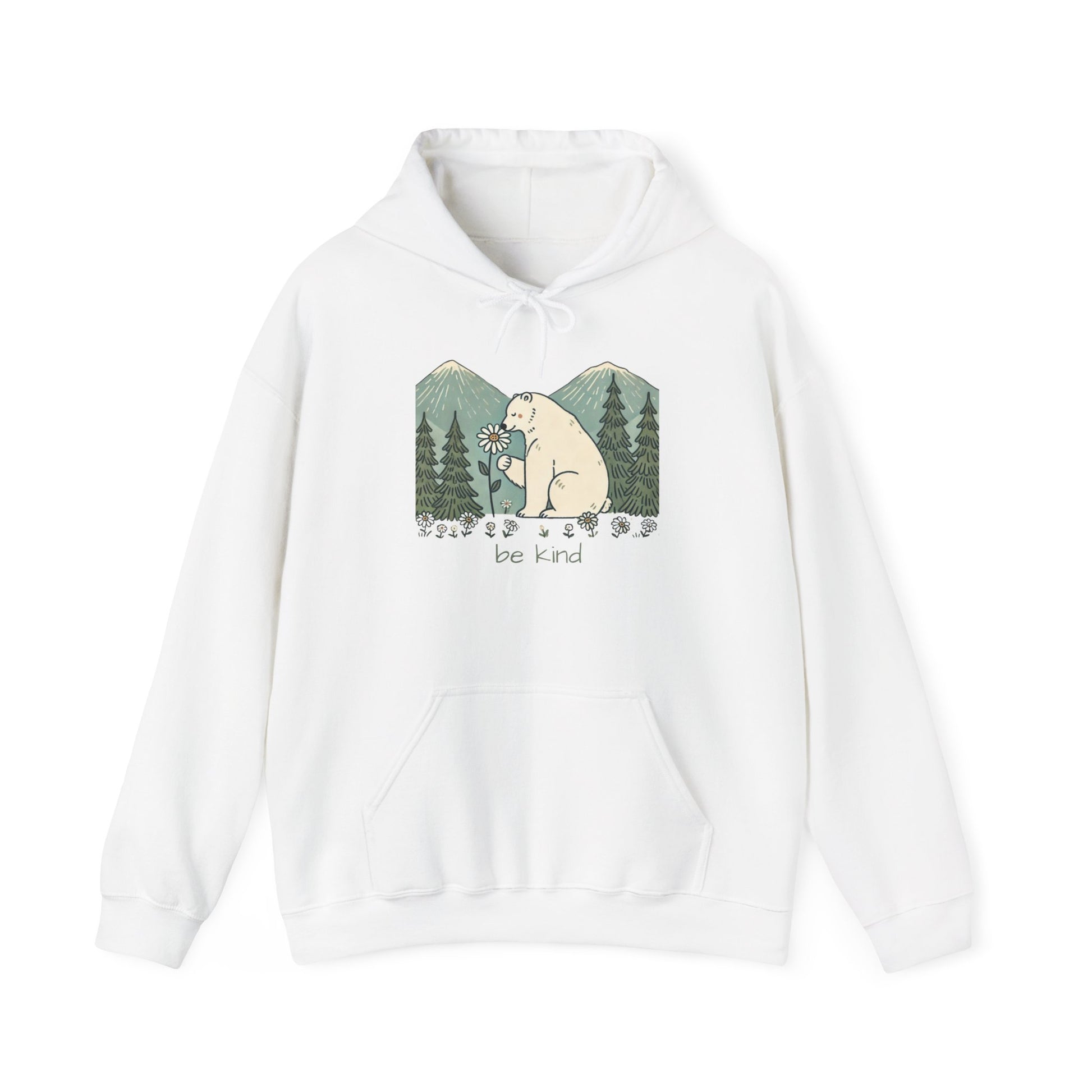 White hoodie with a bear and mountain graphic and 'Be Kind' text on a white background