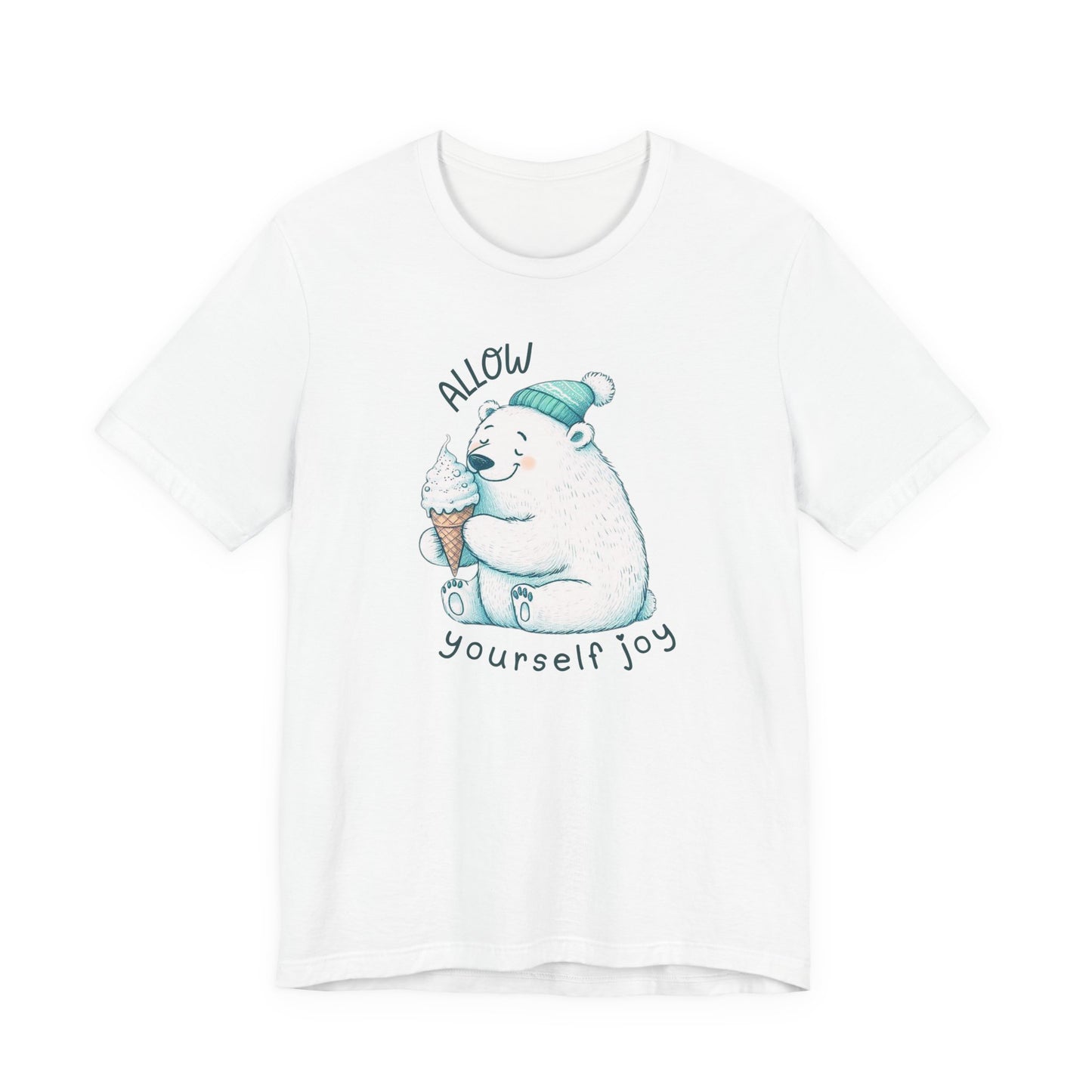 White t-shirt with a polar bear holding an ice cream cone and text 'Allow yourself joy' on a white background