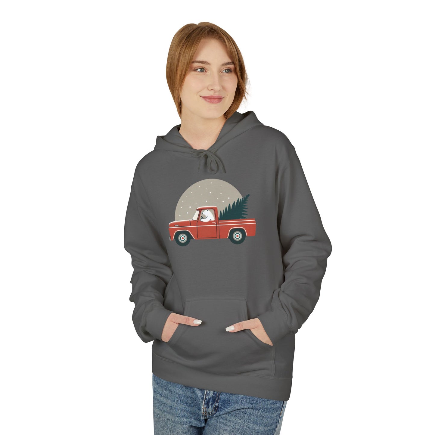 Moonlit Haul, Polar Bear Christmas Truck Design Midweight Hoodie