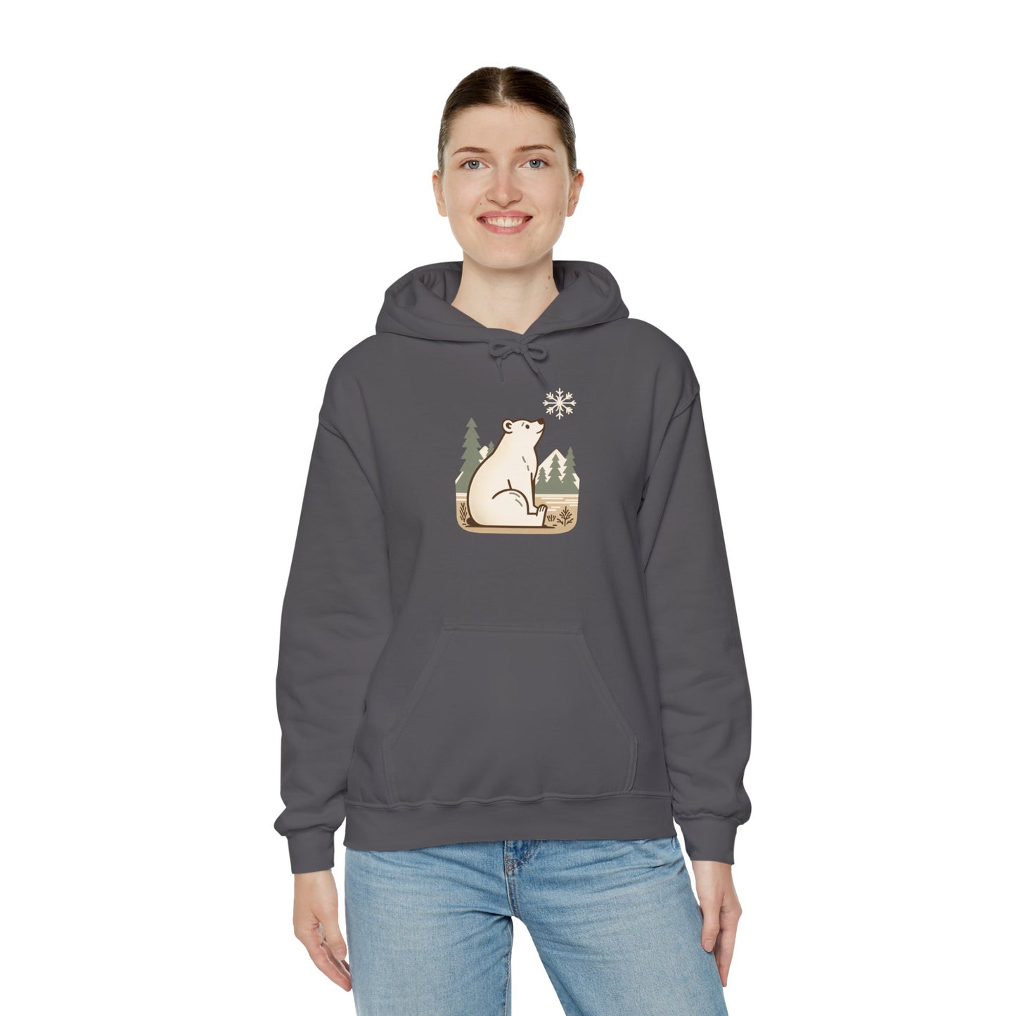 Polar Bear in Pines Hoodie, Heavyweight Winter Sweatshirt, Minimalist Nature Graphic