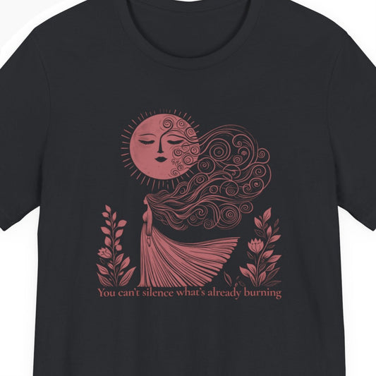 Black t-shirt with red sun and woman graphic and text on a white background