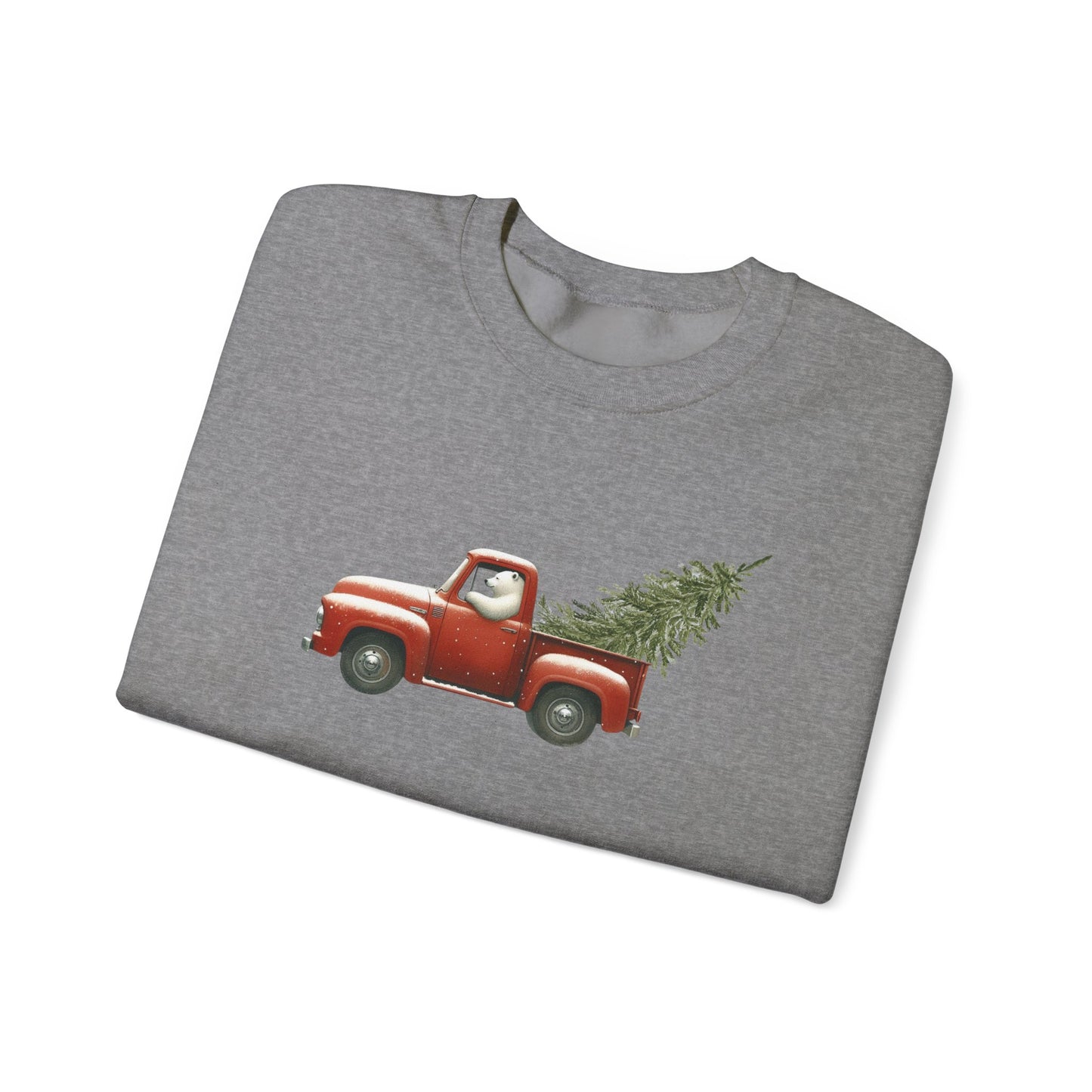 Snowy Christmas Ride, Polar Bear Red Truck Design Sweatshirt