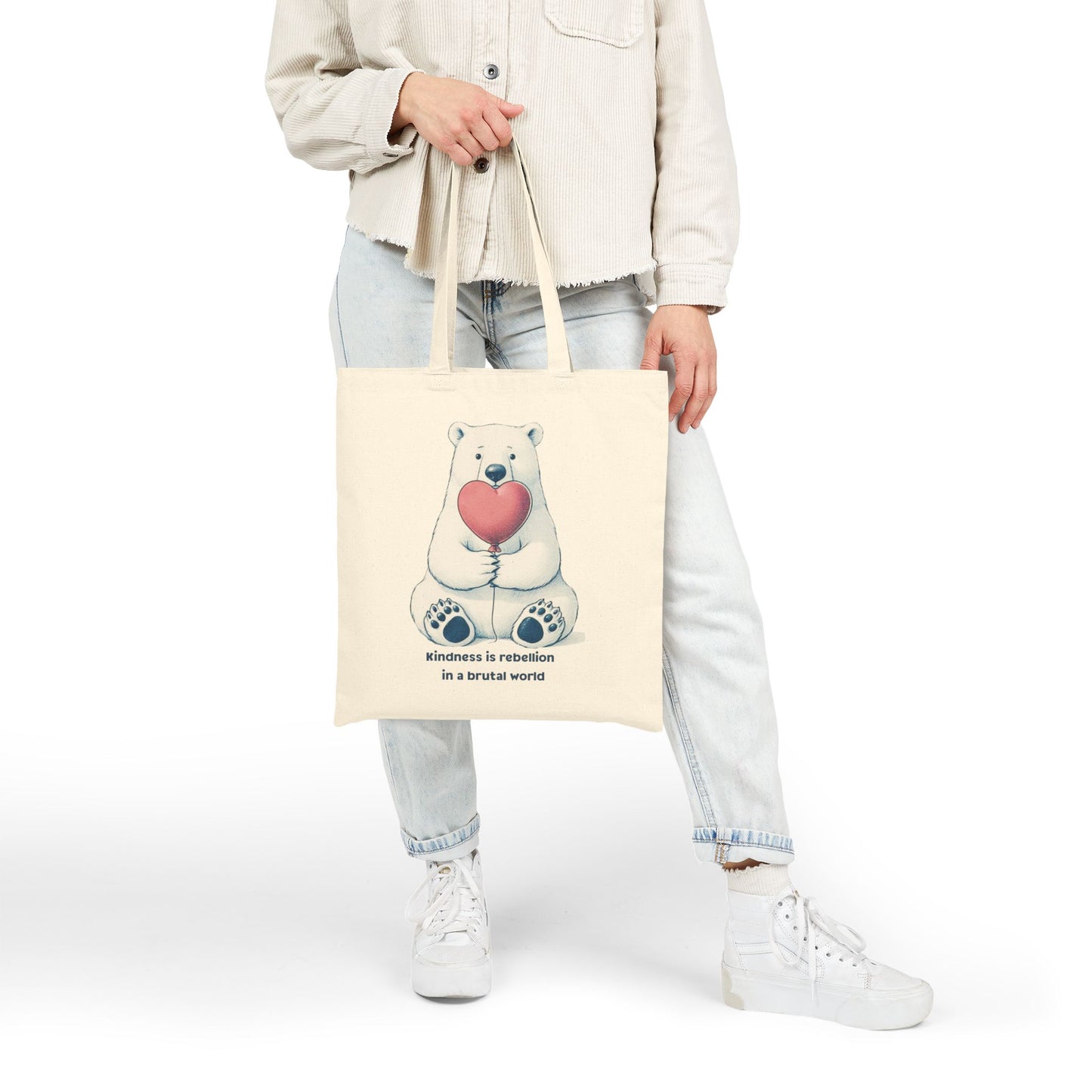 Kindness is Rebellion Tote Bag, Polar Bear with Heart Canvas Bag, Inspirational Quote Market Tote