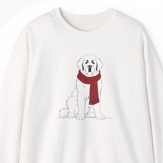 White sweatshirt with a dog wearing a red scarf design on a white background