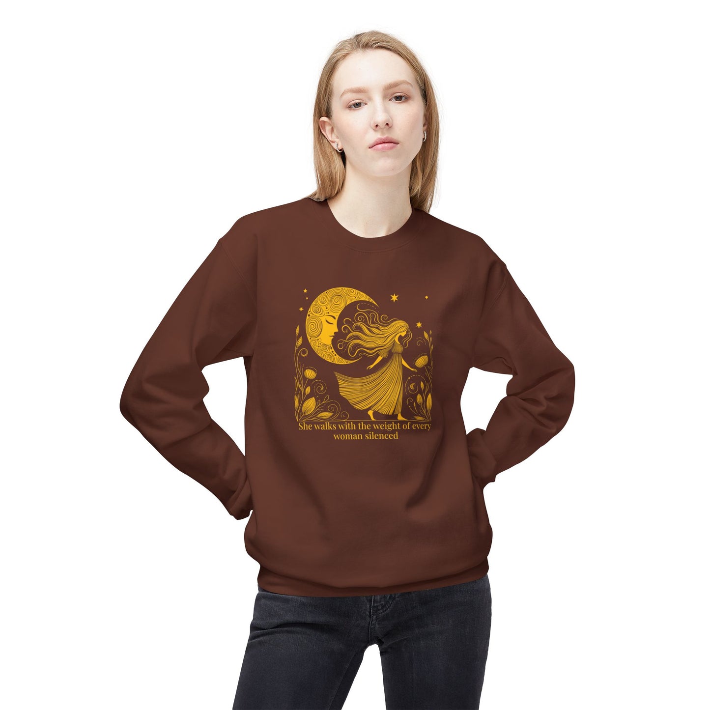 She Walks With The Weight of Every Woman Silenced | Feminist Sweatshirt
