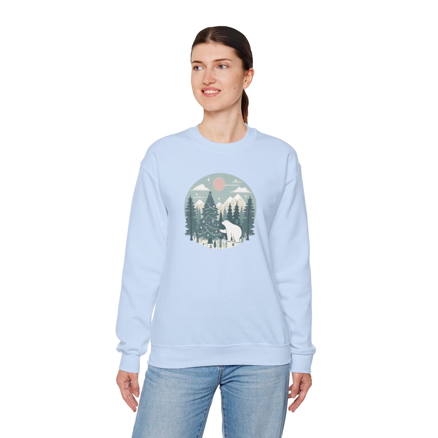 Polar Bear Decorating the Christmas Tree- Winter Forest Graphic Crewneck
