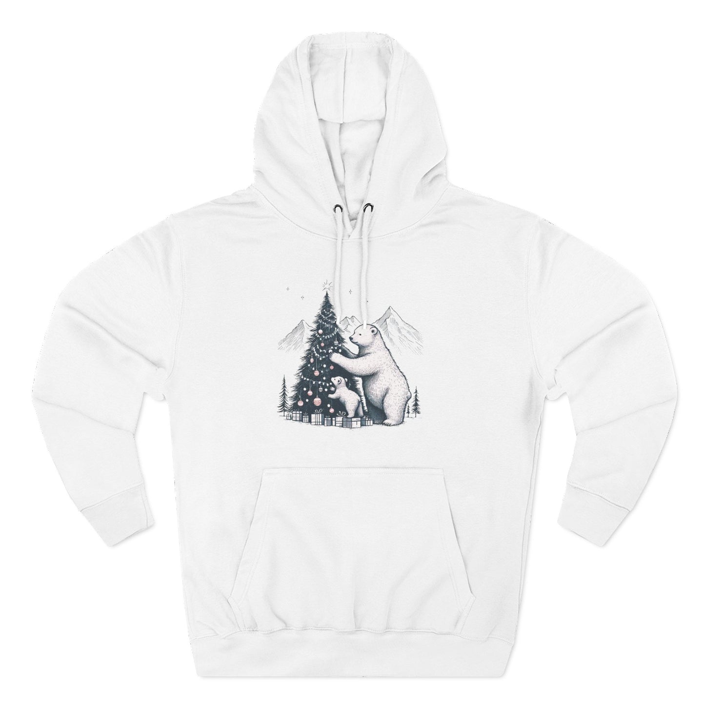 White hoodie with a graphic of bears and a Christmas tree on a white background