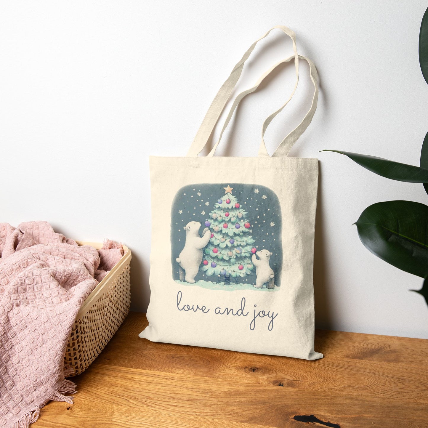 Love and Joy Christmas Tote Bag Double Sided | Polar Bear Holiday Tote