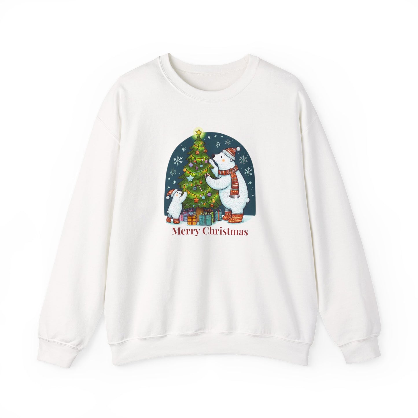 Polar bear Christmas sweatshirt with tree and gifts, holiday crewneck.