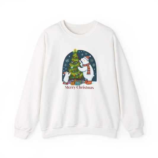 Polar bear Christmas sweatshirt with tree and gifts, holiday crewneck.