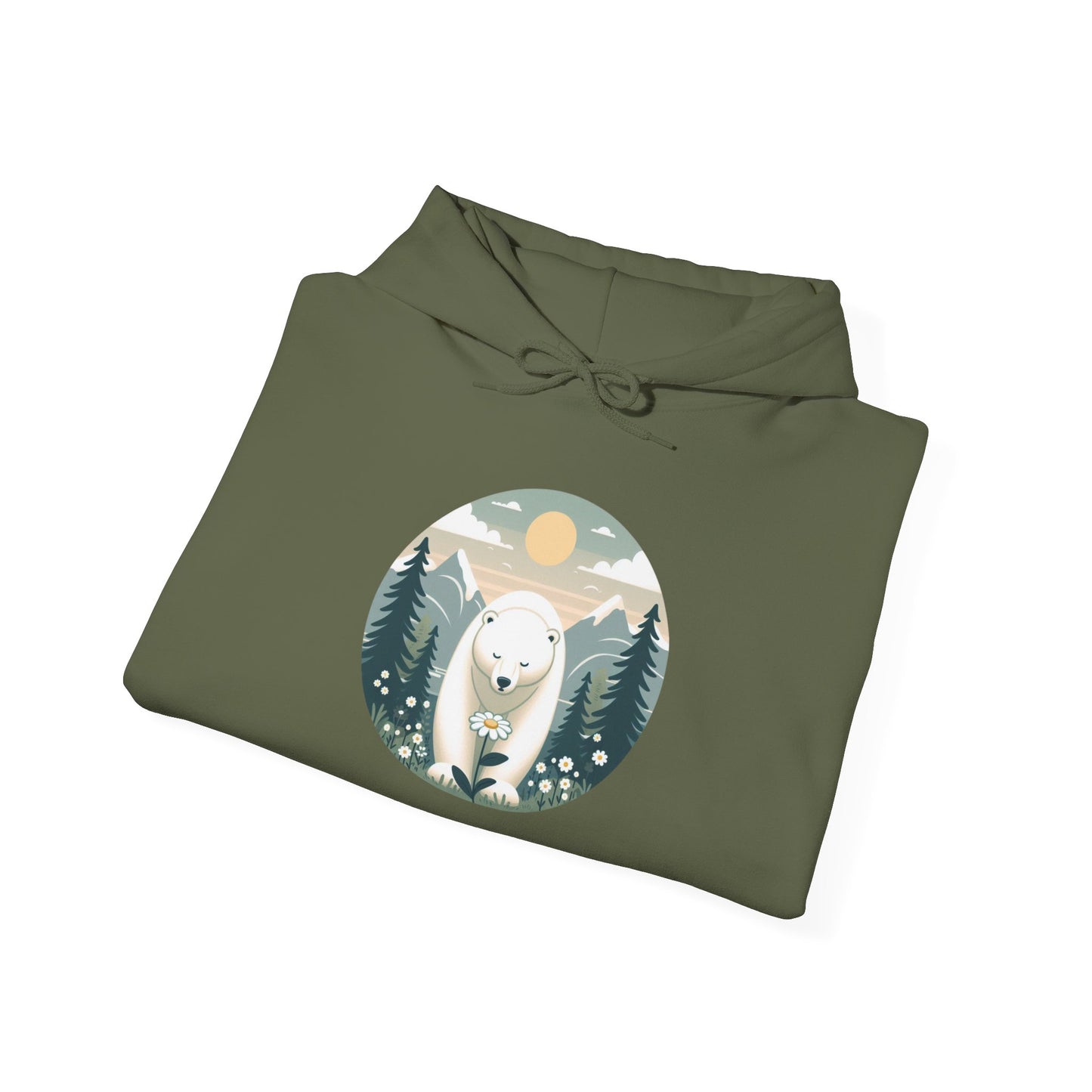 Polar Bear & Wildflower Mountain Hoodie, Heavyweight Cozy Nature Graphic Sweatshirt