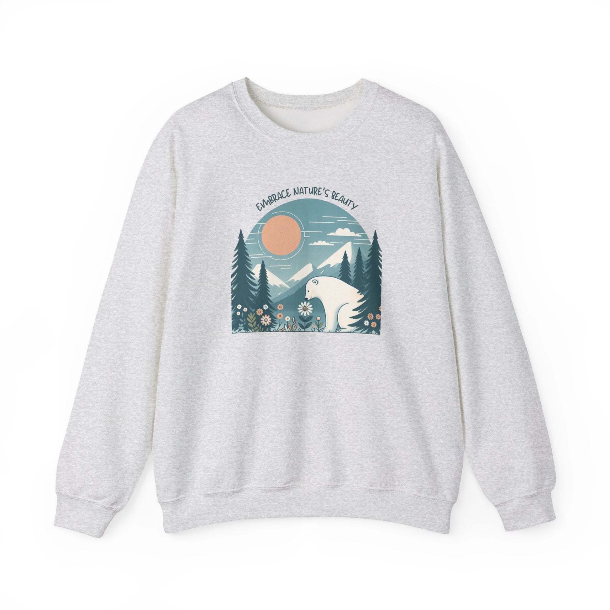 Ash grey sweatshirt featuring polar bear, trees, and mountain scene with text “Embrace Nature’s Beauty.”