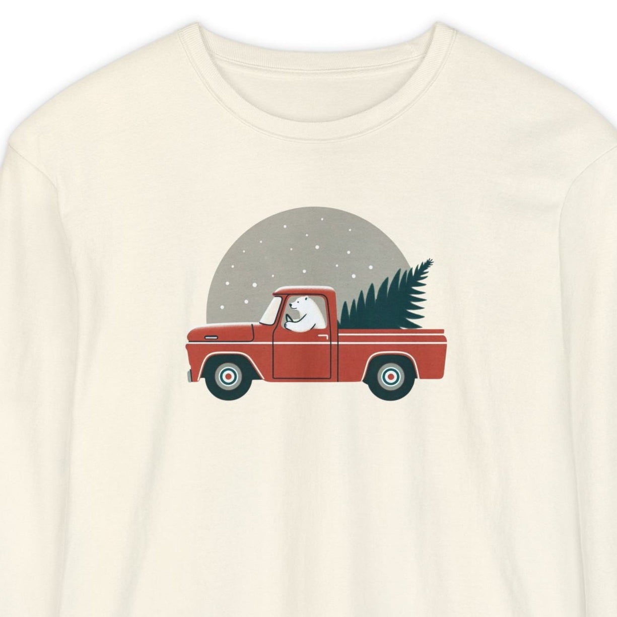 White sweatshirt with a graphic of a red truck carrying a Christmas tree on a white background