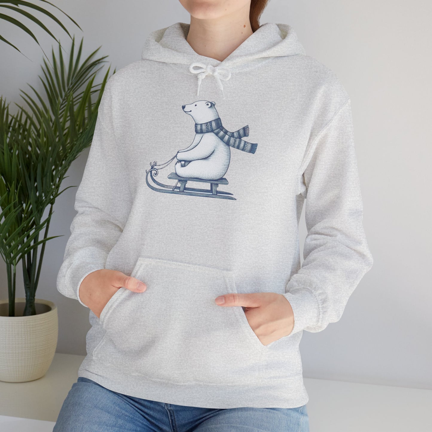 Sledding Polar Bear Hoodie, Cozy Winter Christmas Graphic Sweatshirt