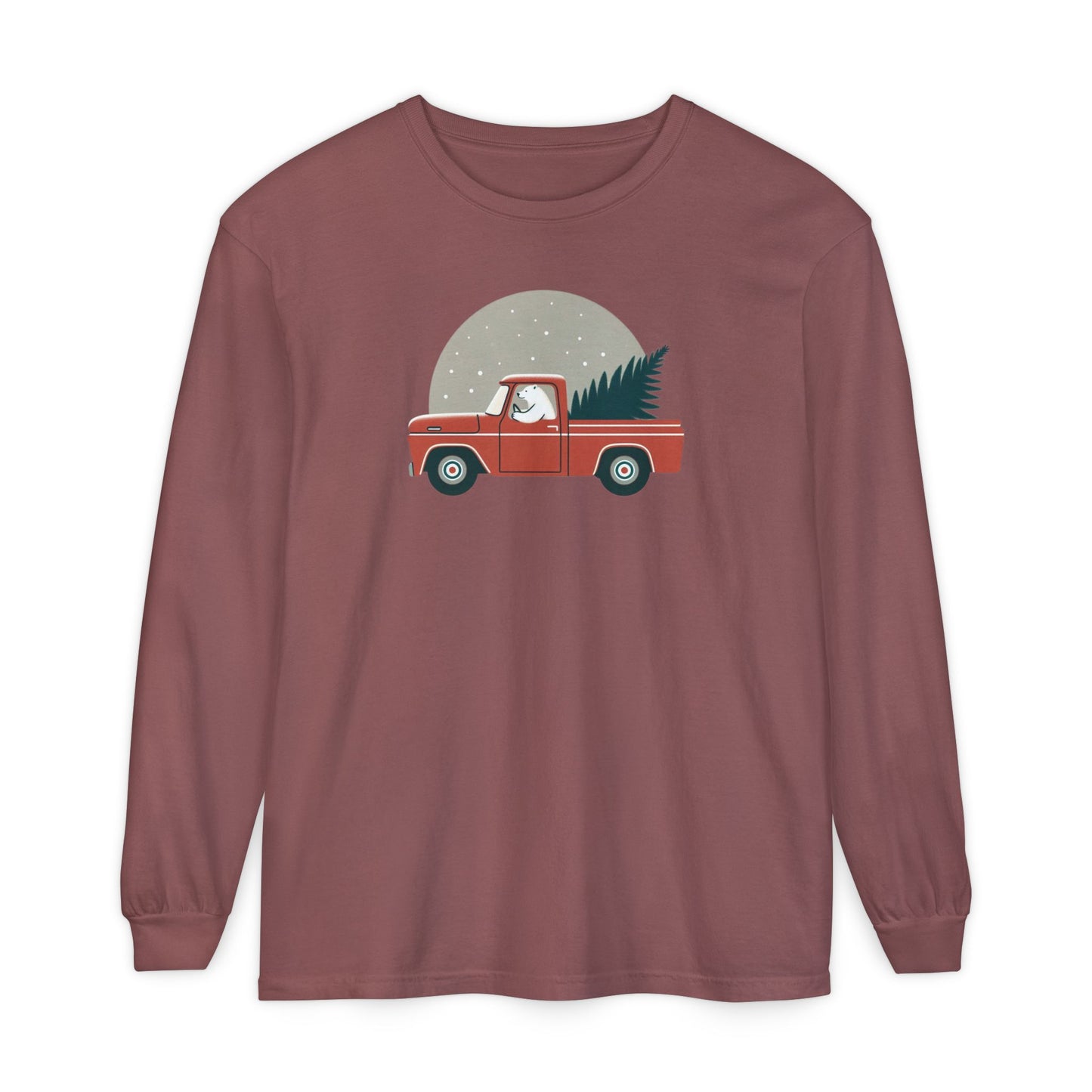 Moonlit Haul, Polar Bear Christmas Truck Design Long Sleeve Comfort Colors