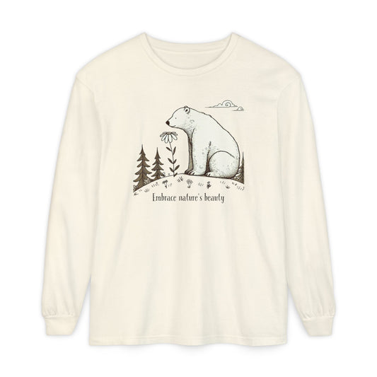 Polar bear long sleeve shirt with daisy flower and pine trees, “Embrace nature’s beauty” graphic.