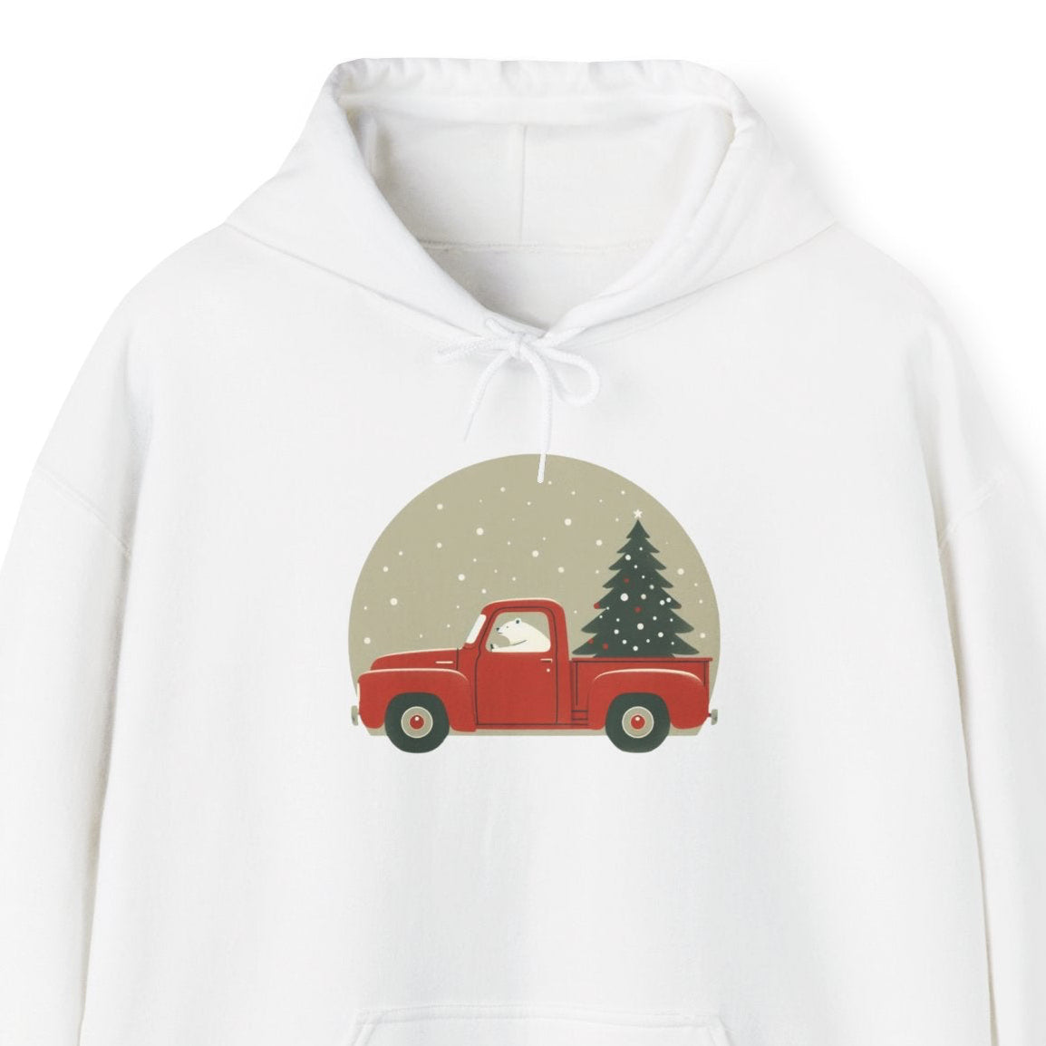 White hoodie with a polar bear driving a red truck and Christmas tree design on a white background