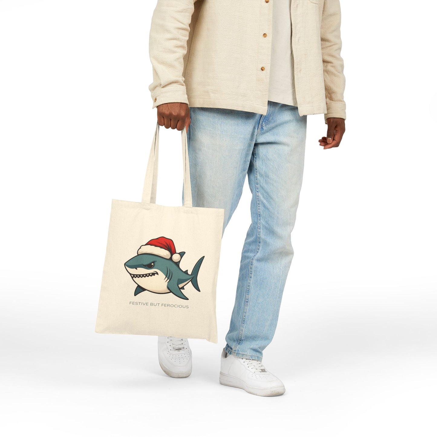 Festive but Ferocious Shark Tote Bag Funny Christmas Holiday Gift