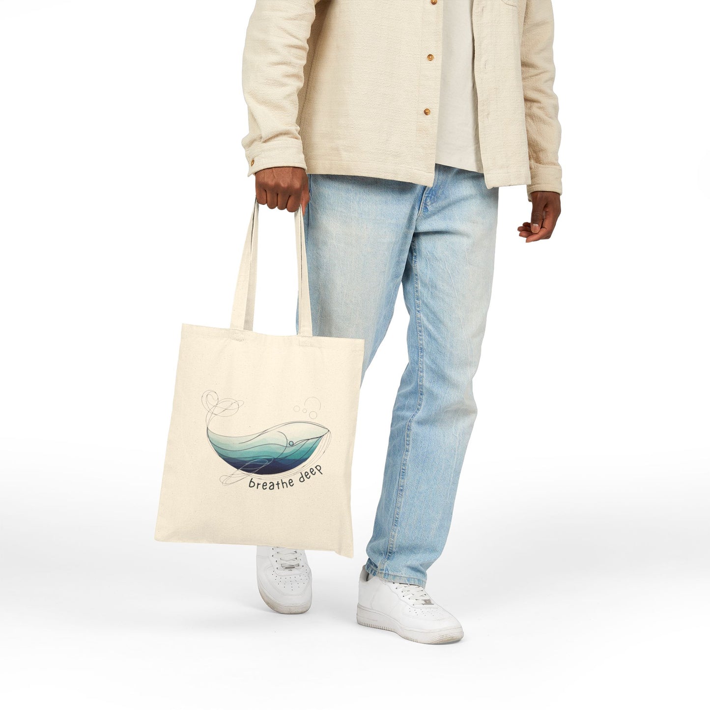 Breathe Deep Whale Tote Bag, Ocean Inspired Eco-Friendly Reusable Shopping Bag, Mindful Living Beach Tote