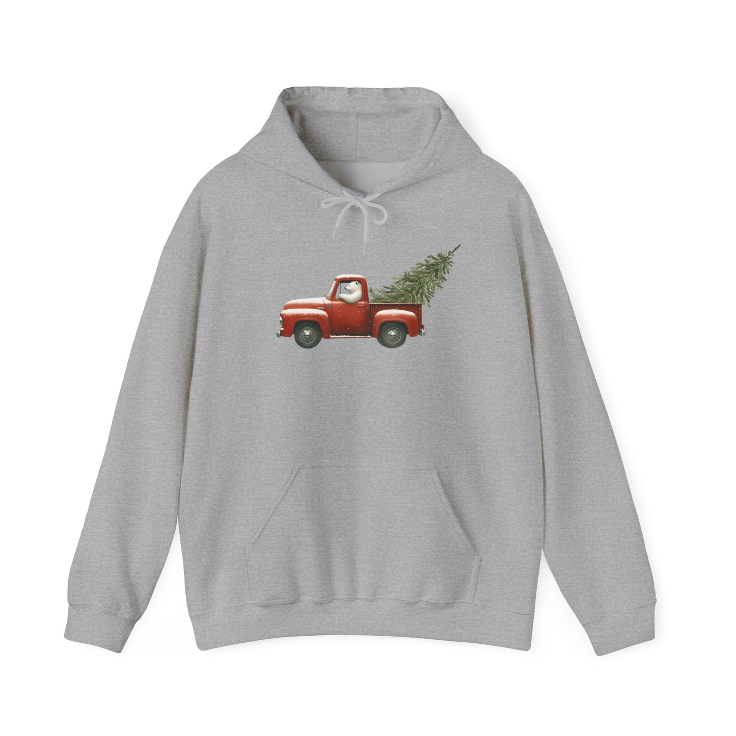 Snowy Christmas Ride, Polar Bear Red Truck Design Heavyweight Hoodie