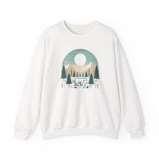 Polar bear sweatshirt with moon and mountain forest scene graphic