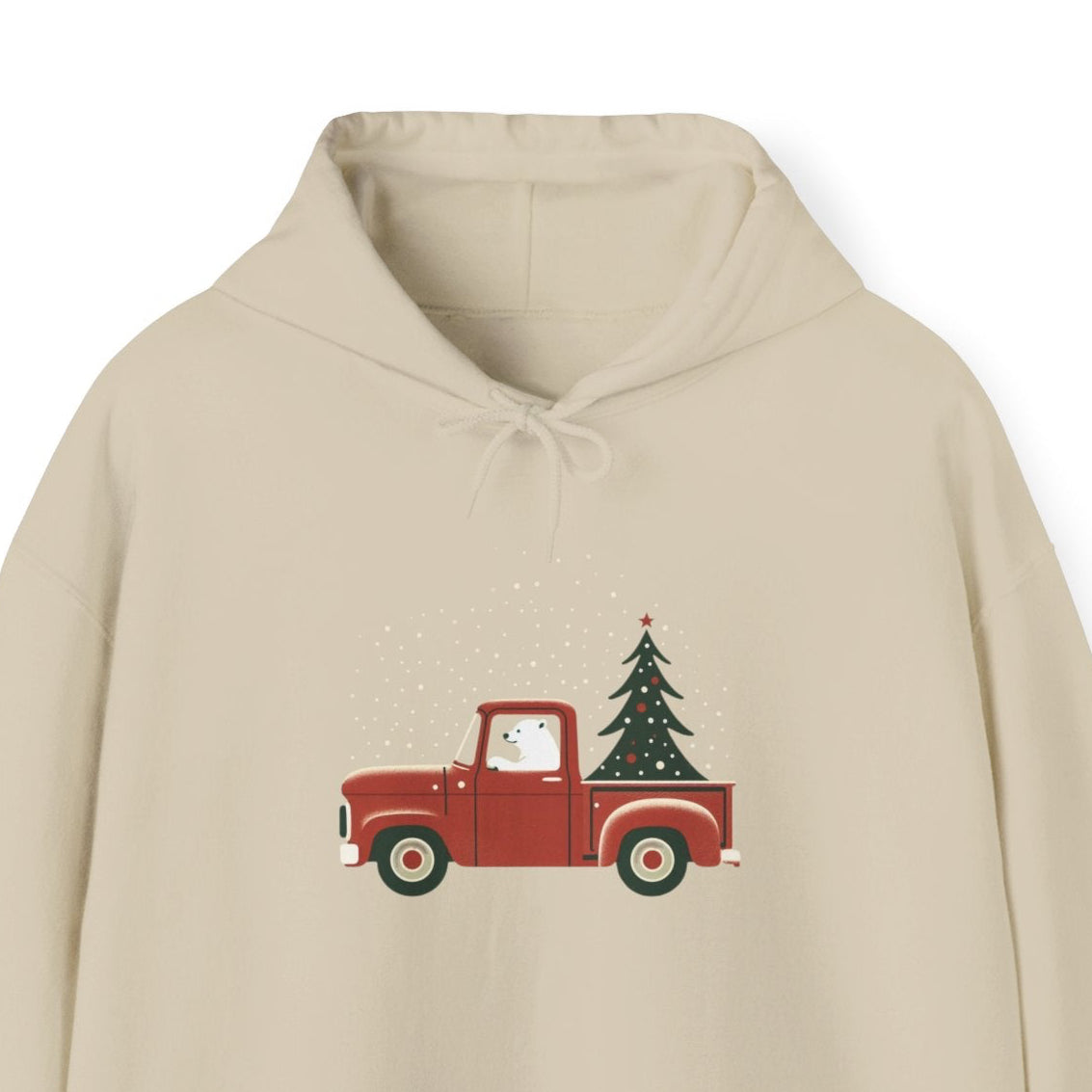 Beige hoodie with a red truck and Christmas tree design on a white background