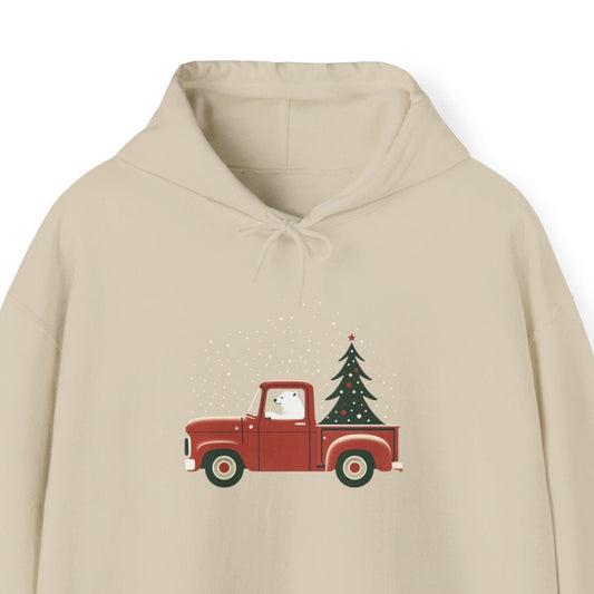Beige hoodie with a red truck and Christmas tree design on a white background