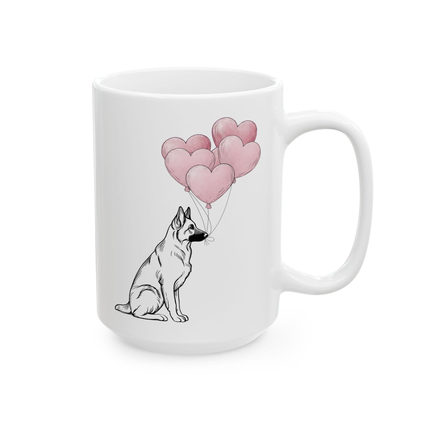 German Shepherd with Heart Balloons Mug, 15 oz