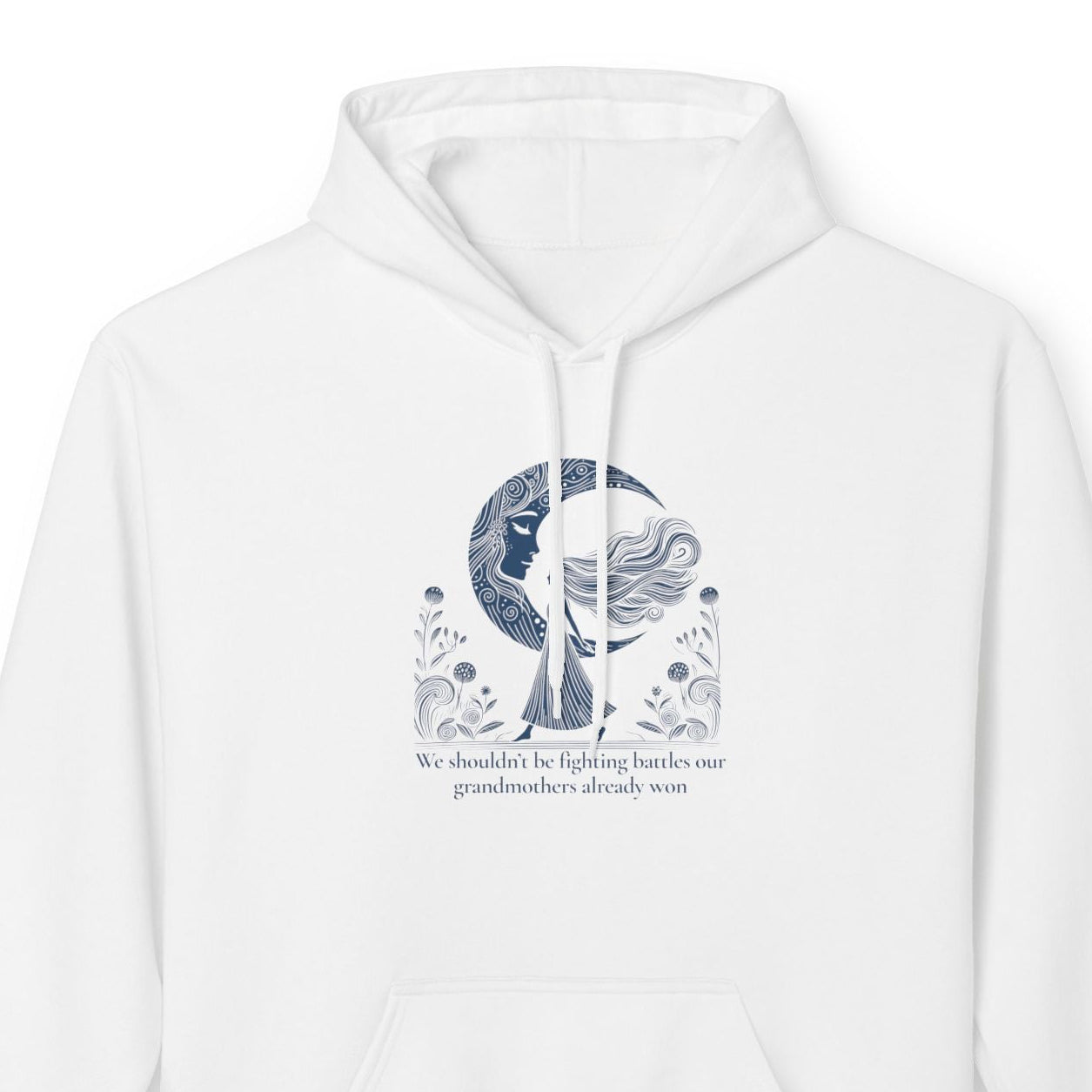 White hoodie with a feminist graphic design on a white background