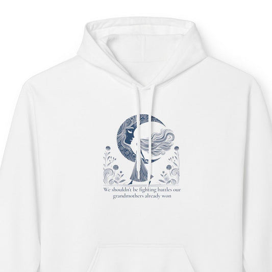 White hoodie with a feminist graphic design on a white background