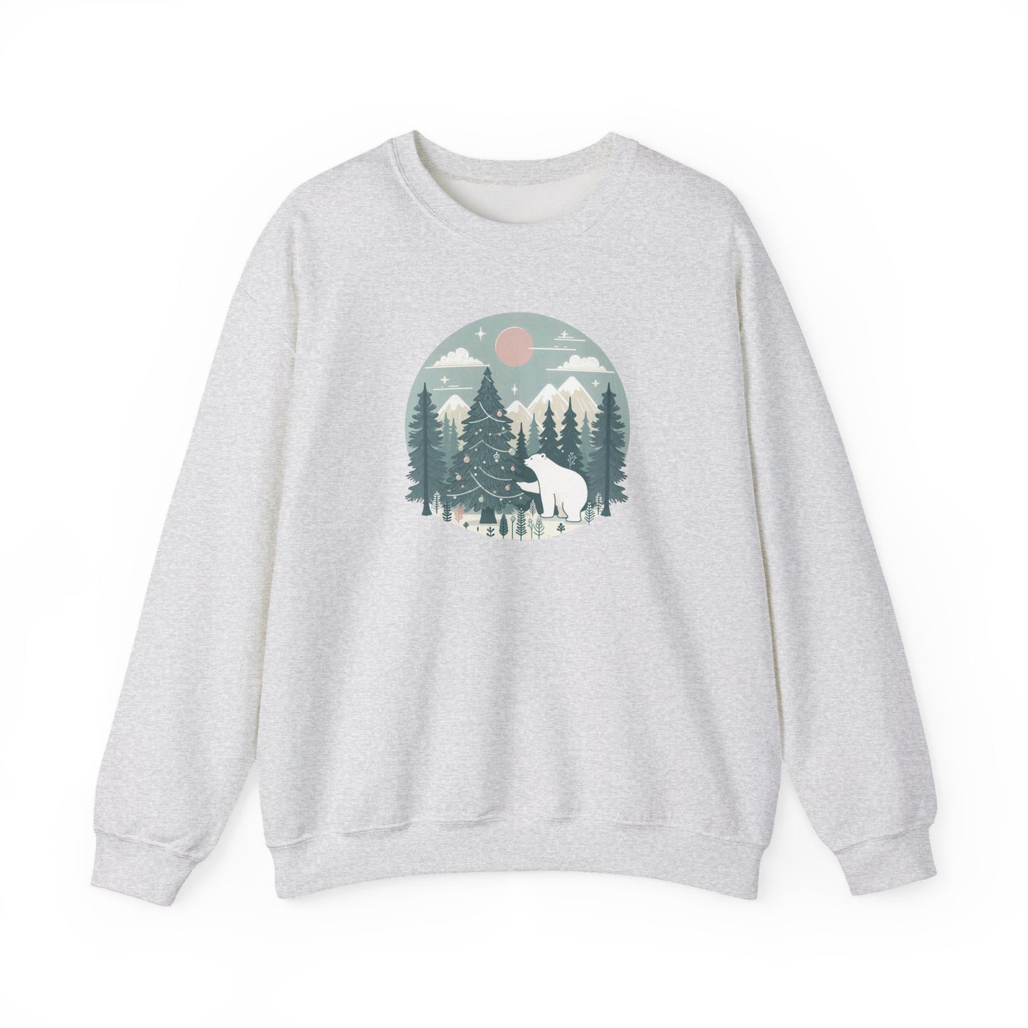 Polar Bear Decorating the Christmas Tree- Winter Forest Graphic Crewneck
