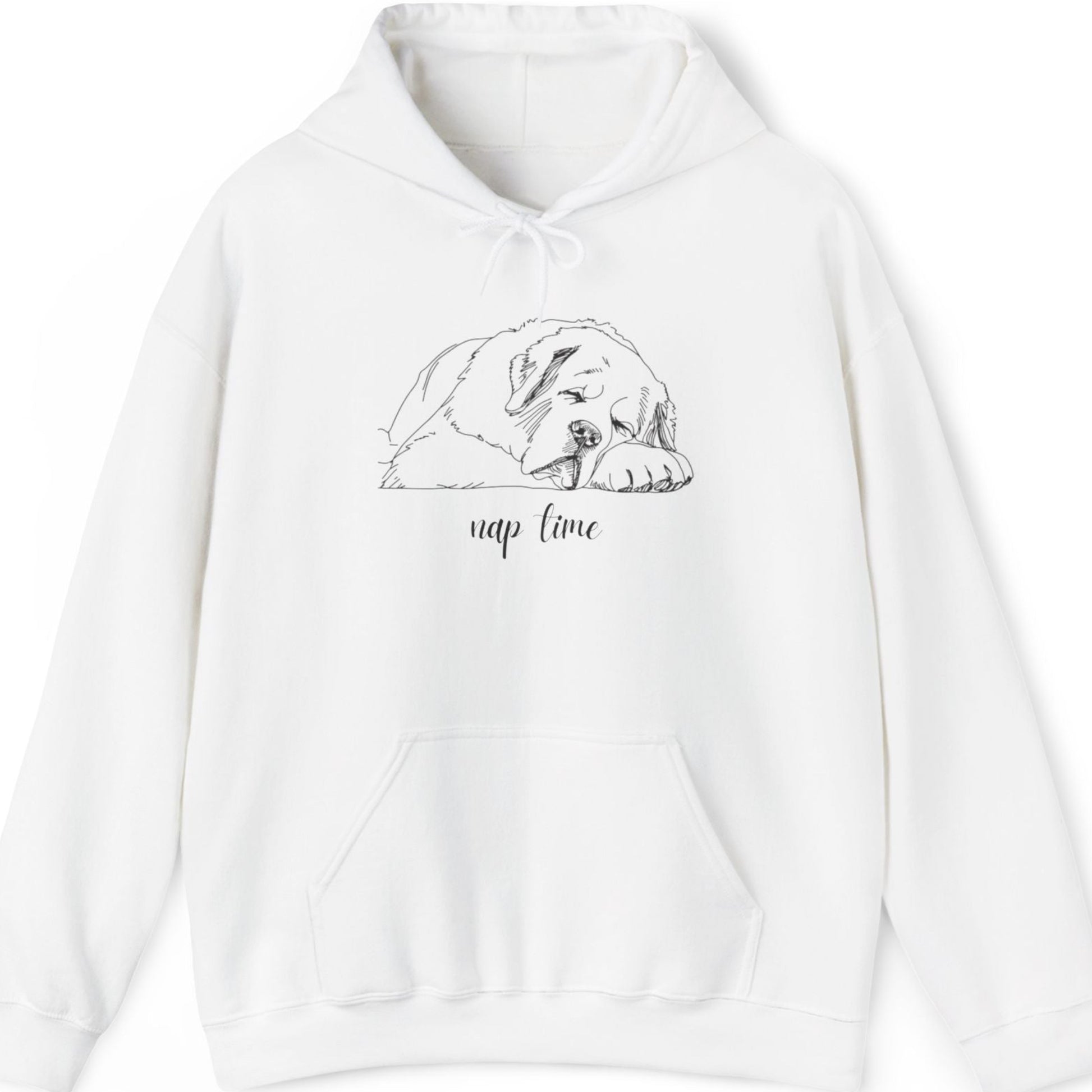 White hoodie with a Saint Bernard dog graphic and 'nap time' text on a white background