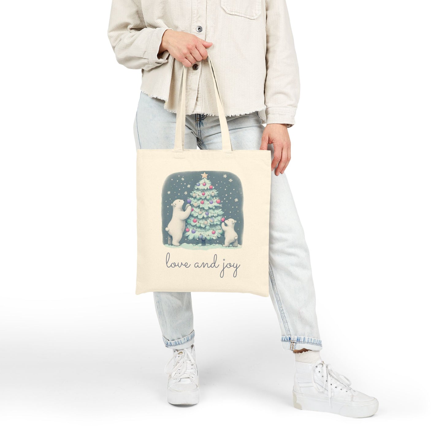Love and Joy Christmas Tote Bag Double Sided | Polar Bear Holiday Tote
