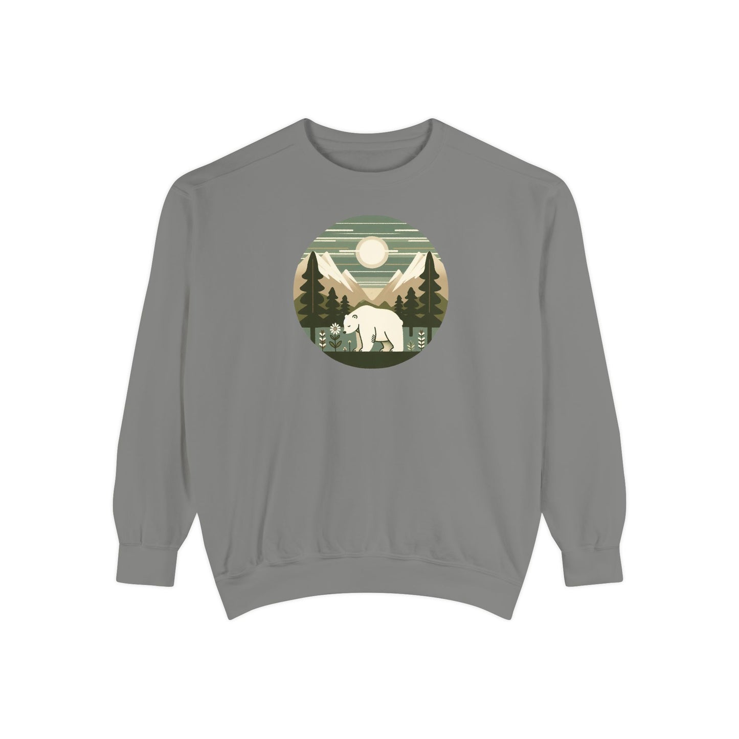 Gray sweatshirt with a polar bear and mountain graphic on a white background
