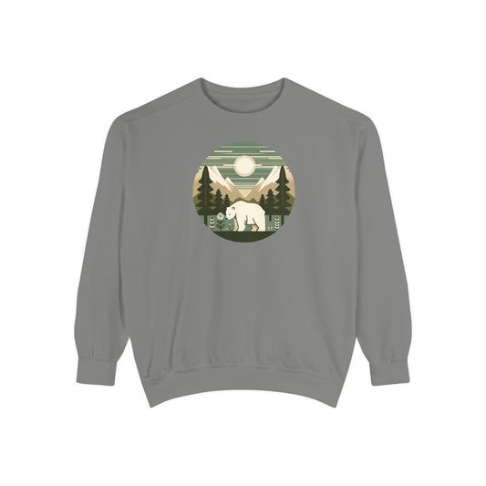 Gray sweatshirt with a polar bear and mountain graphic on a white background