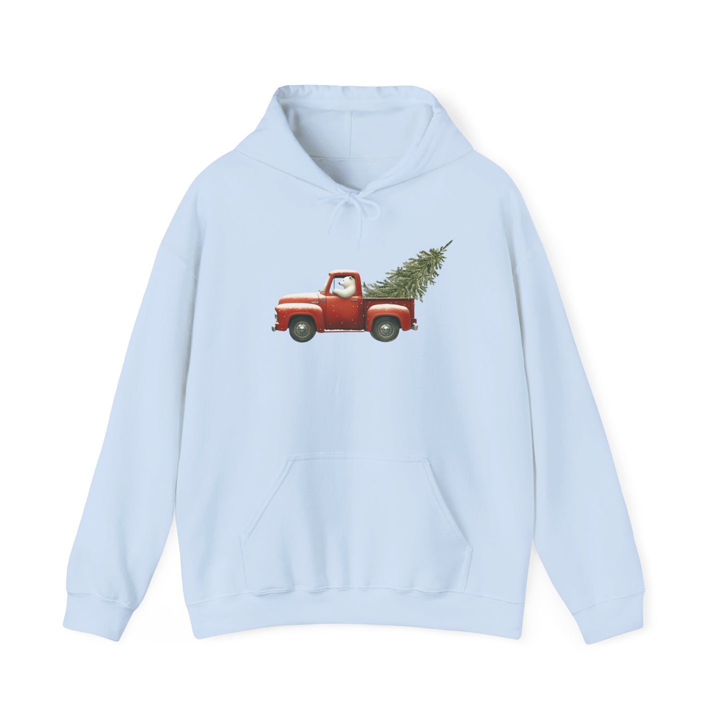 Snowy Christmas Ride, Polar Bear Red Truck Design Heavyweight Hoodie