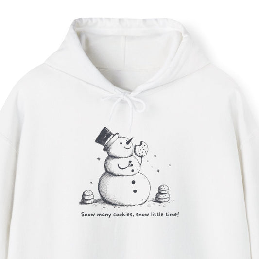 White hoodie with a snowman graphic and text on a white background