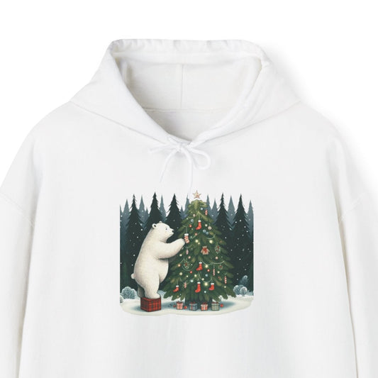 White hoodie with a graphic of a polar bear and Christmas tree on a white background