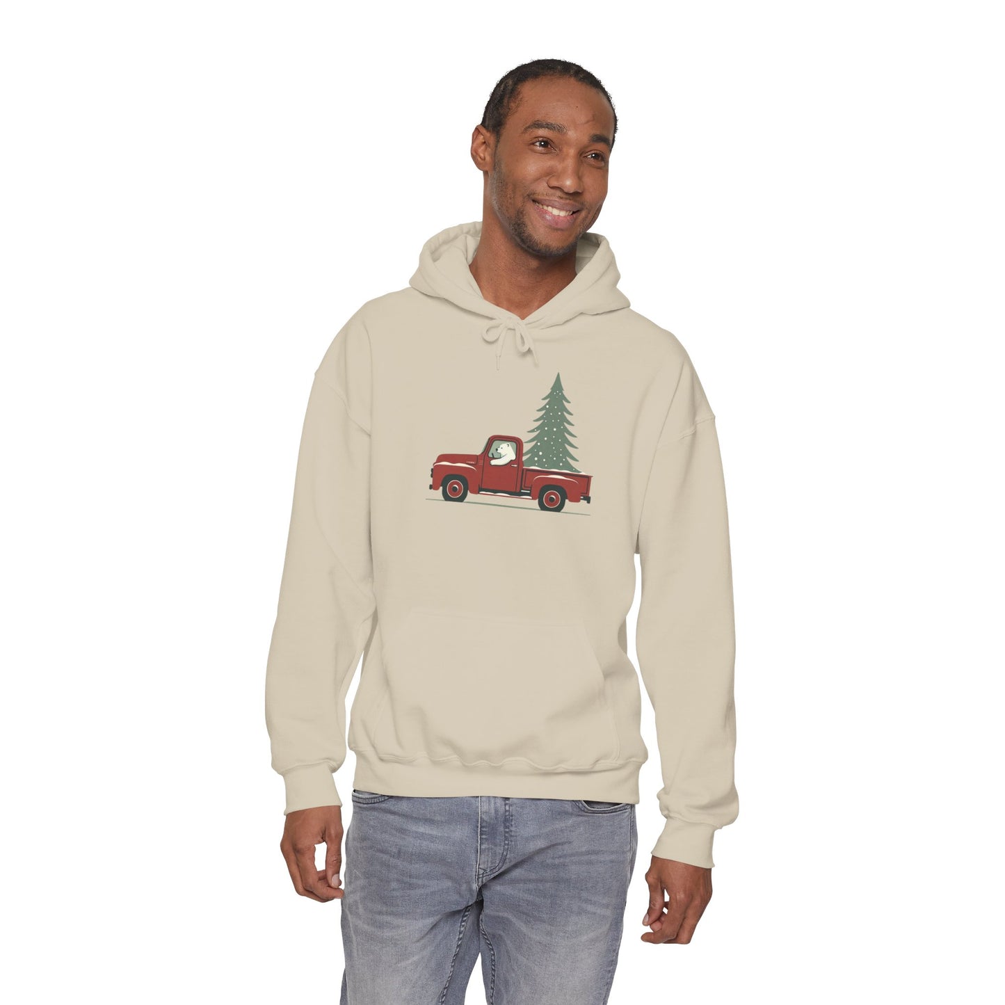 Polar Bear Evergreen Run, Vintage Red Christmas Truck Sweatshirt Heavyweight Hoodie