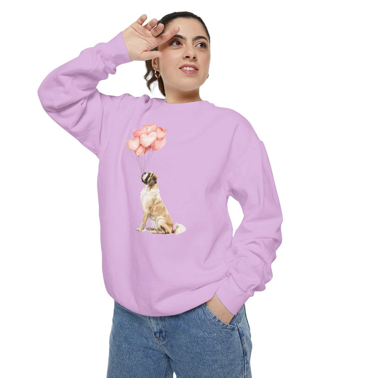 Saint Bernard with Heart Balloons Crewneck Sweatshirt