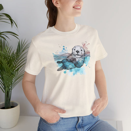 Watercolor Sea Otter T-Shirt- Ocean Wildlife Art Shirt