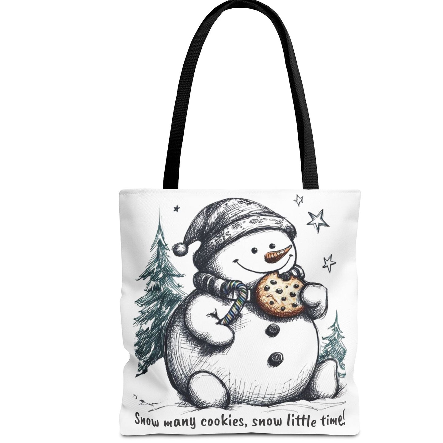 Tote bag with a snowman design and text on a white background