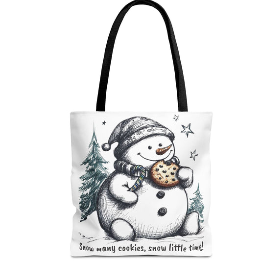 Tote bag with a snowman design and text on a white background